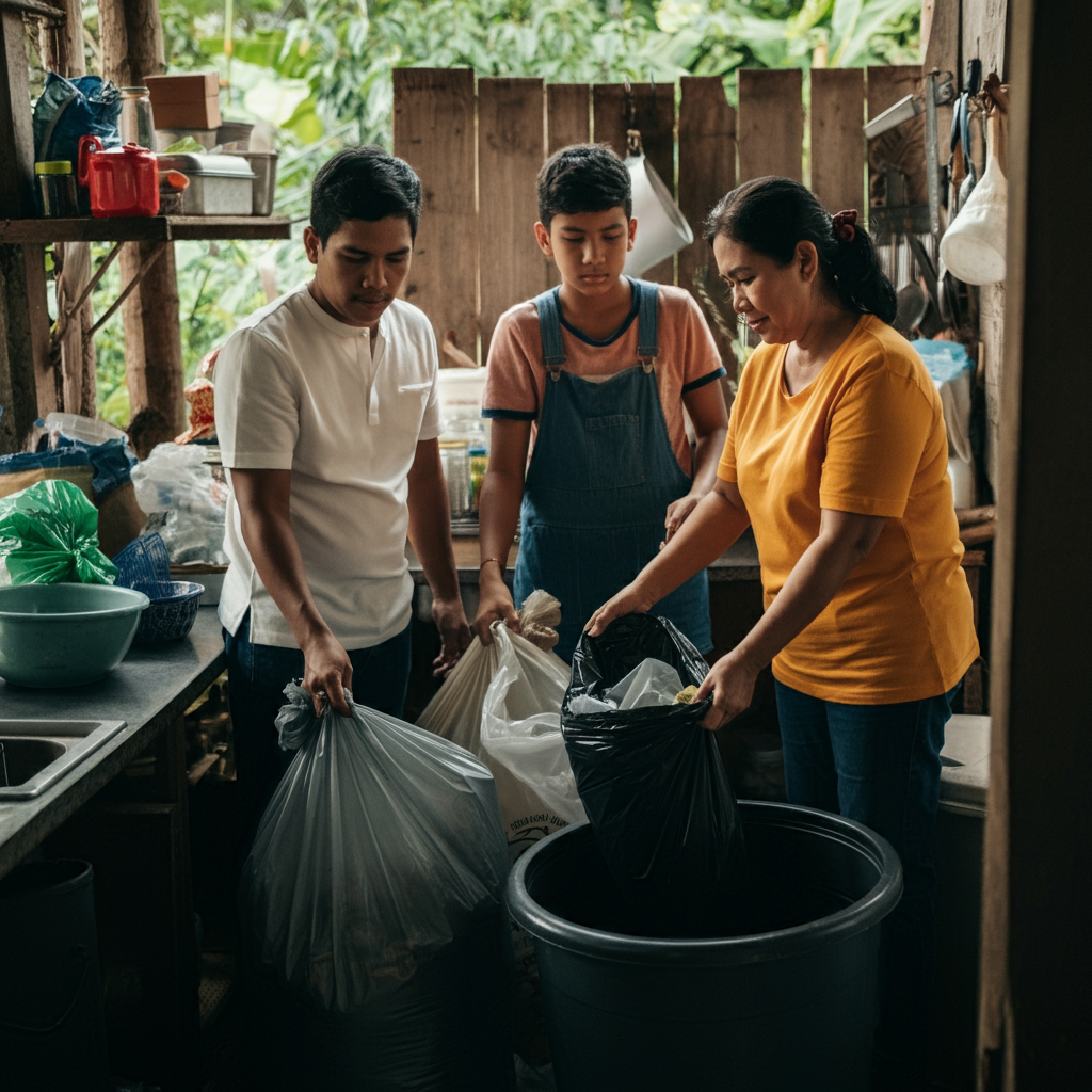 a photo of filipino family segregating waste properly